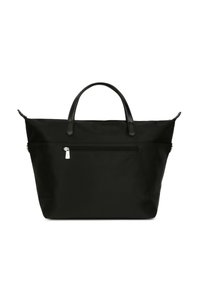Borsa tote nera realizzata in un tessuto resistente con accenti in pelle nera, dotata di due manici e una tasca frontale con zip. Design semplice e pratico.