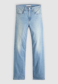 Φωτεινές γαλάζιες τζιν ίσιας γραμμής με πέντε τσέπες, κλείσιμο με κουμπί και διακριτικές φθορές στους μηρούς και τα γόνατα.