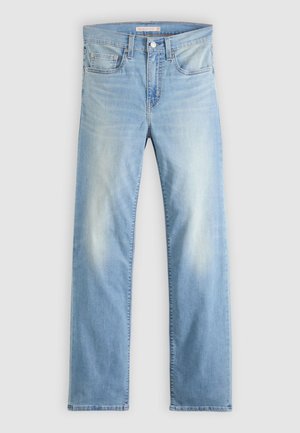 Lyseblå jeans med rette ben, fem lommer, knappelukking og subtile falmede detaljer på lår og knær.