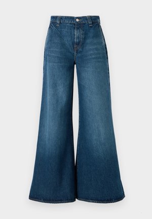 Bredde ben denim jeans i mørkeblå vask, med høy midje, frontknapplukking og klassisk fem-lommers design. Glatt tekstur.