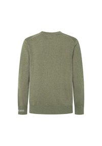 Olivengrüner Pullover aus weichem Stoff, mit einem klassischen Rundhalsausschnitt, langen Ärmeln und gerippten Bündchen sowie einem Schriftzug am Saum.