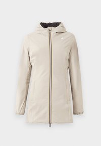 Lichtbeige hooded jacket met een rits aan de voorkant, voorzien van een meerkleurige streep, elastische manchetten en zijzakken. Glad, licht glanzend materiaal.