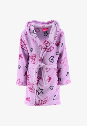 Accappatoio in fleece rosa con cappuccio, decorato con cuori, stelle e testo Barbie in colori contrastanti; dotato di una cintura abbinata.
