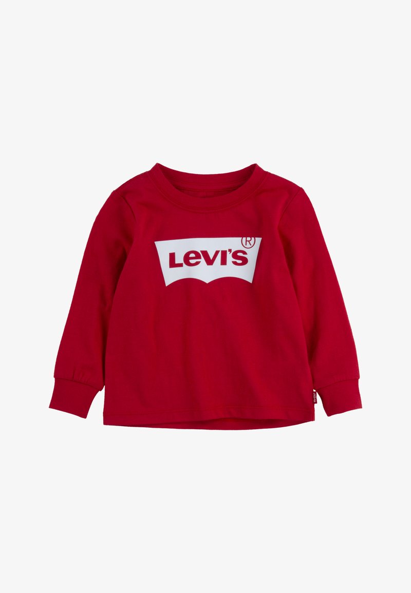 Sarkana garām piedurknēm T-krekls, kas izgatavots no kokvilnas, ar baltu Levi's logos grafiku priekšpusē, ribota apļa kakla un piegulošām piedurknēm.