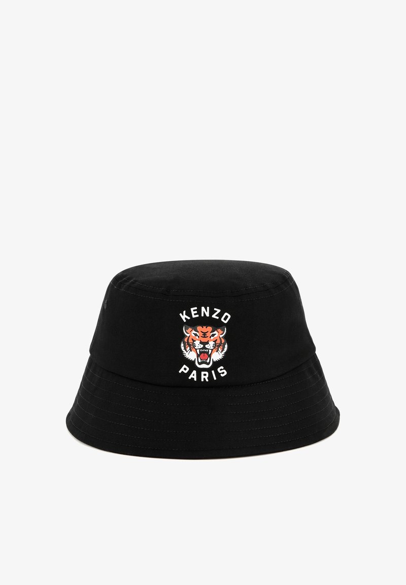 Zwarte katoenen bucket hat met een geborduurde tijgerontwerp en de tekst "KENZO PARIS" eromheen. Ronde, gestructureerde kroon met een brede rand.