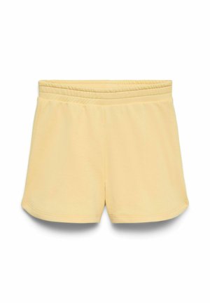 Soft yellow elastic waist shorts with a smooth texture and slightly curved hem, displayed on a white background.