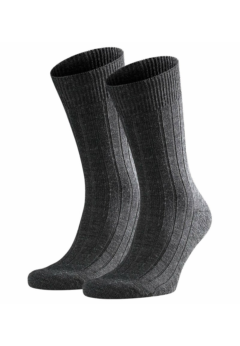 Grå ribbede sokker i struktureret stof, med elastisk kant øverst og forstærket tå for holdbarhed.