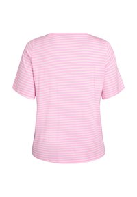 Pink og hvide vandrette stribede kortærmede skjorte, vist fra ryggen, med en løs pasform og rund halsudskæring.