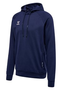 Marineblauwe hoodie met een trekkoordkap, raglanmouwen en een kangoeroezak. Gemaakt van zachte stof, met een klein logo op de borst.