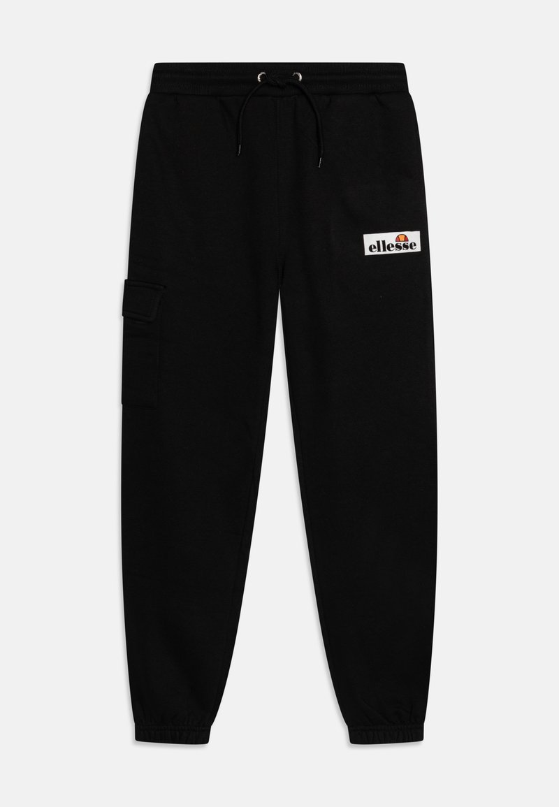 Melnās kokvilnas sporta bikses ar elastīgu jostu un saites mehānismu, sānu kabatu, kā arī balto logotipa uzšuvumu priekšā.