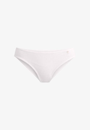 Culottes bikini blanches pour femmes, taille basse, avec un petit logo feuille doré sur le côté droit de la ceinture.