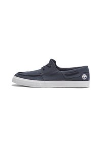 Marineblaues Canvas-Sneaker mit weißer Gummisohle, mit gestickten Details und zweilöchrigem Schnürverschluss. Enthält das Markenlogo auf der Ferse.