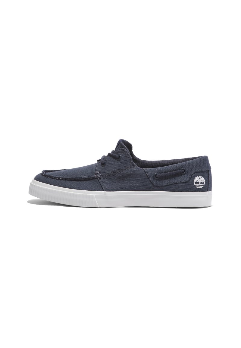 Marineblaues Canvas-Sneaker mit weißer Gummisohle, mit gestickten Details und zweilöchrigem Schnürverschluss. Enthält das Markenlogo auf der Ferse.