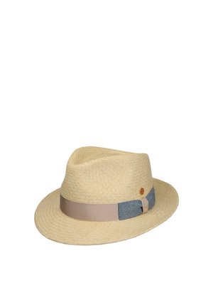Beige woven fedora hat with a beige and blue patterned fabric band and a small round emblem on the side.