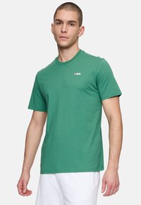 T-shirt verde in cotone con maniche corte, colletto tondo e piccolo logo FILA rosso e bianco sul petto. Tessuto morbido e vestibilità regolare.