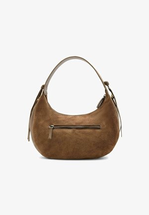 Brown suede hobo bag with a curved shape, a top handle, and a front zippered pocket. Features soft texture and minimal hardware accents.