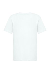 Bílý bavlněný tričko, krátké rukávy, kulatý výstřih, jednoduchý zadní design, hladká textura, bez vzorů nebo grafik.
