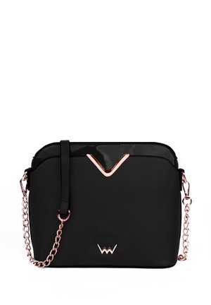 Black synthetic crossbody bag with a smooth finish, featuring a glossy black accent, rose gold hardware, and a chain strap.