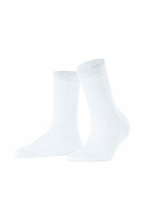 Chaussettes blanches en coton avec texture côtelée, hauteur cheville, et zones renforcées au talon et aux orteils. Conception légère et respirante.