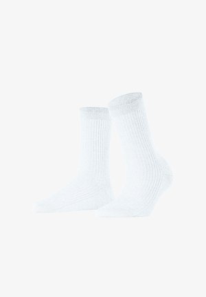 Chaussettes blanches en coton avec texture côtelée, hauteur cheville, et zones renforcées au talon et aux orteils. Conception légère et respirante.
