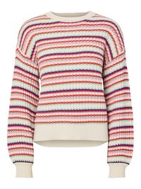 Μπεζ πλεκτό πουλόβερ με υφασμένες οριζόντιες ρίγες σε κόκκινο, ροζ, μοβ και τιρκουάζ, με ριμπ μανσέτες και τελείωμα.