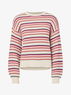 Kremfarget strikkegenser med strukturerte horisontale striper i rød, rosa, lilla og grønnblå, med ribbestrikkede mansjetter og kant.