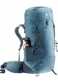 Blue hiking backpack with multiple compartments, padded straps, and a side pocket for a water bottle. Lightweight nylon material.