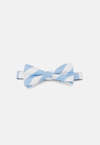 Pajarita de rayas azules y blancas fabricada en un tejido texturizado. Presenta una forma clásica con un diseño de autoajuste y una correa ajustable.