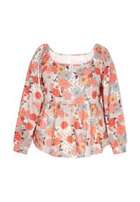 Blomstermønstret langærmet top med firkantet halsudskæring, prydet med røde, blå og orange blomster på en lys baggrund og med en sammensunket talje.