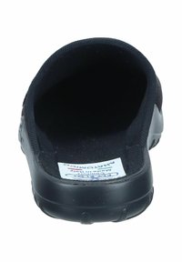 Black slip-on shoe with a smooth rubber outsole, soft fabric lining, and cushioned footbed. Features a label on the insole.