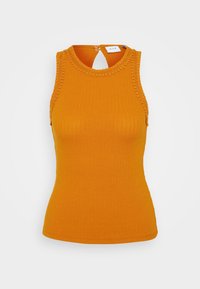 Ribbad, orange ärmlös topp med hög ringning och dekorativ kant. Har en nyckelhålsöppning på baksidan med två knäppningar.