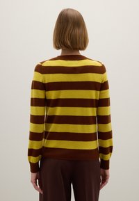Bruine en gele gestreepte trui met lange mouwen, geribbelde manchetten en een ronde hals, gemaakt van zacht gebreid materiaal.