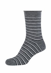 Calzino grigio até al ginocchio con strisce orizzontali bianche e nere, caratterizzato da una texture liscia e un design senza cuciture nella punta.