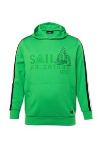 Sudadera verde de mezcla de algodón con un bolsillo frontal, con franjas laterales en blanco y negro, y un estampado gráfico que incluye triángulos y texto.
