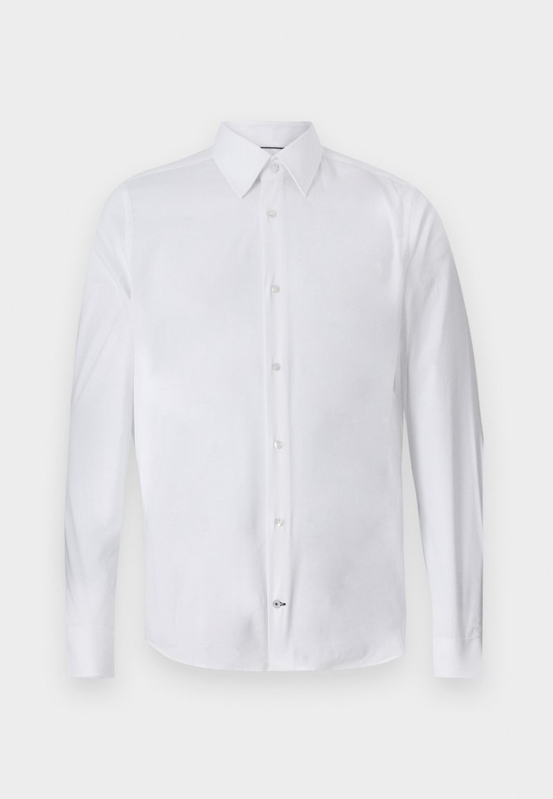 Weißes Langarmhemd aus glattem Stoff, mit klassischem Kragen und einer Knopfleiste auf der Vorderseite, minimalistisches Design.