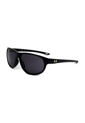 Occhiali da sole avvolgenti neri con lenti scure e logo Under Armour dorato sulle stanghette, mostrati su sfondo bianco.