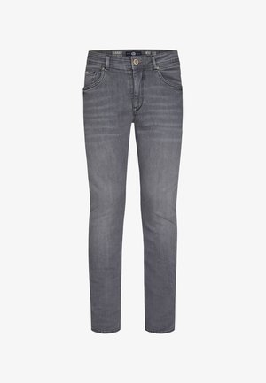 Graue Jeans aus Denim mit geradem Schnitt, fünf Taschen und Knopfverschluss. Verfügt über dezente Ausbleichungen und Nähdetails.