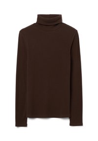 Brown ribbed turtleneck long-sleeve top with a relaxed fit, featuring a high neckline and subtle texture throughout.