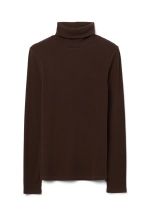 Bruine geribbelde coltrui met lange mouwen en een losse pasvorm, voorzien van een hoge halslijn en een subtiele textuur over het hele oppervlak.