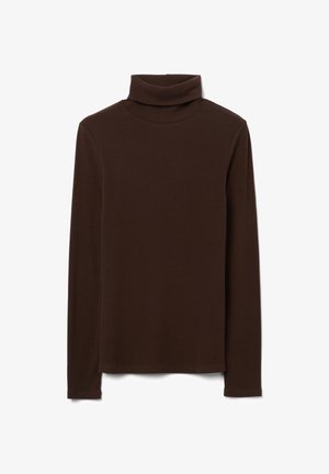 Camiseta de manga larga con cuello vuelto acanalado marrón, de corte holgado, con un cuello alto y una textura sutil en toda la prenda.