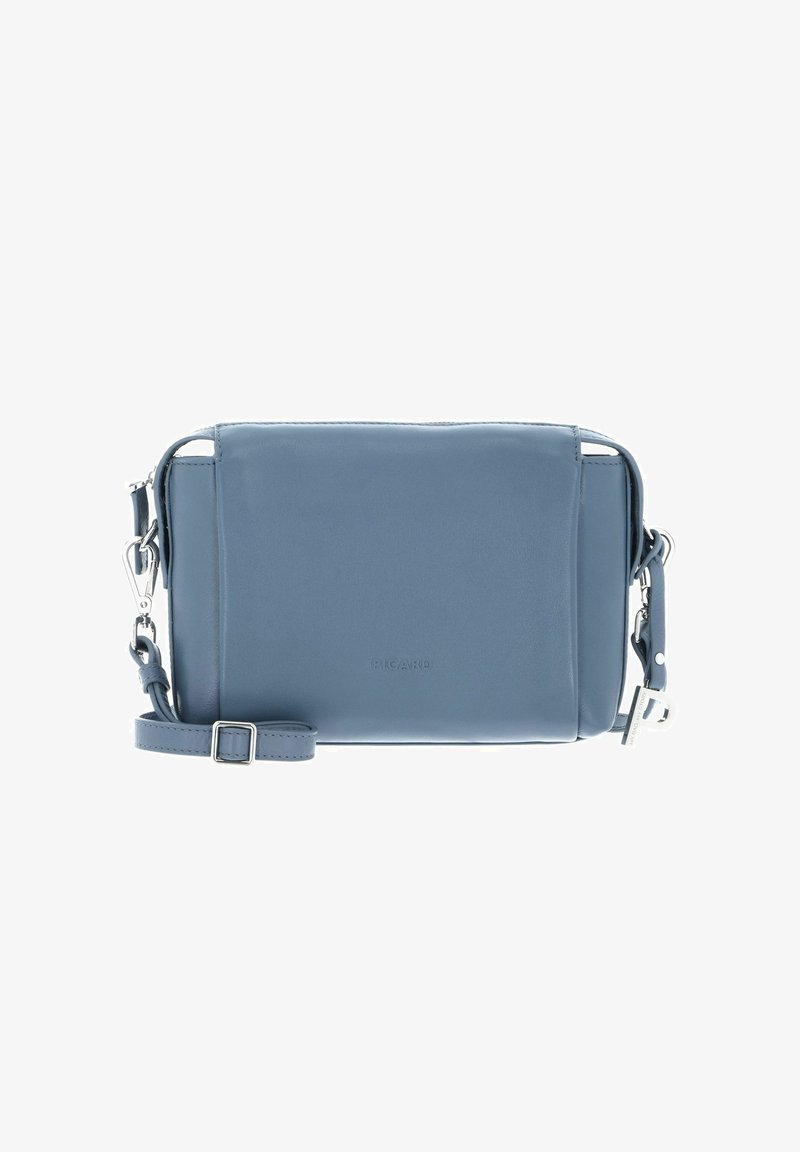 Blue leather crossbody bag with a rectangular shape, silver hardware, adjustable strap, and logo detailing on the front.