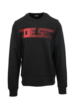 Sweatshirt noir à manches longues avec logo "DIESEL" en rouge sur la poitrine, rayures horizontales, et finitions côtelées aux poignets et à l'ourlet.