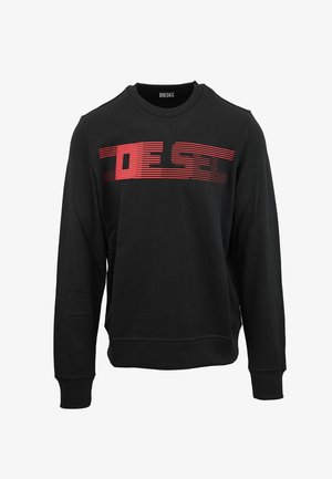 Zwarte longsleeve sweater met een rood horizontaal gestreepte "DIESEL" logo op de borst, geribbelde manchetten en onderrand.
