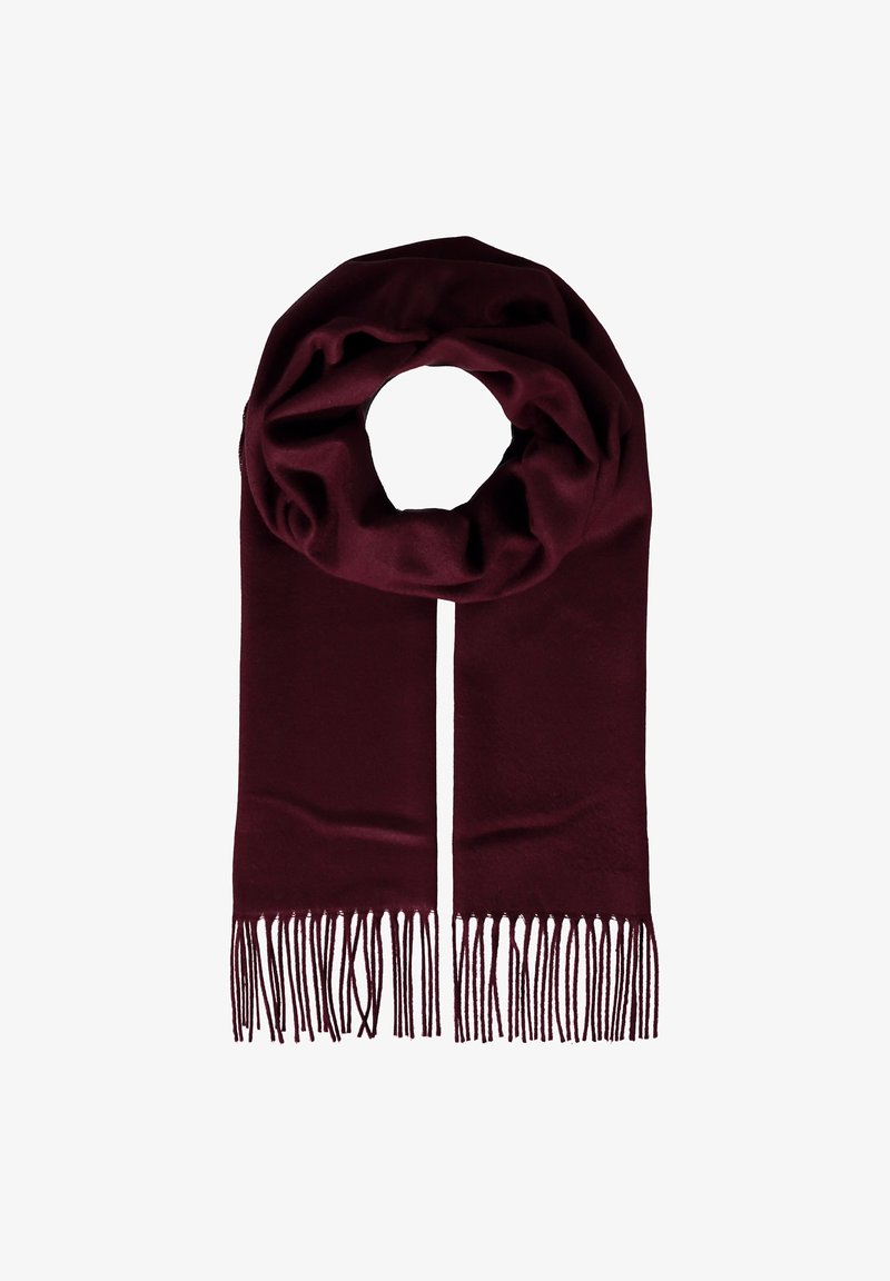 Burgundzki szalik z miękkiego materiału, charakteryzujący się gładką fakturą i frędzlami na brzegach. Projekt ma postać ciągłej pętli.