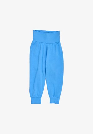 Pantaloni blu per bambini con vita alta, fascia larga in vita e polsini elasticizzati, realizzati in tessuto morbido e elastico.