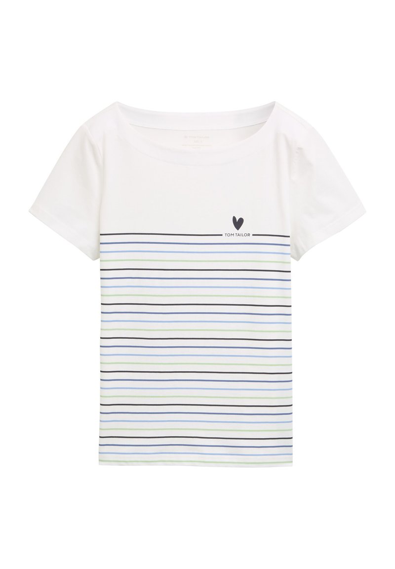 T-shirt en coton blanc avec un large col, featuring des rayures horizontales bleu, vert et noir, et un petit logo en forme de cœur près de la poitrine.
