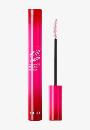 Tube rose vif de mascara Kill Lash superproof avec applicateur brosse incurvée à côté sur fond blanc.