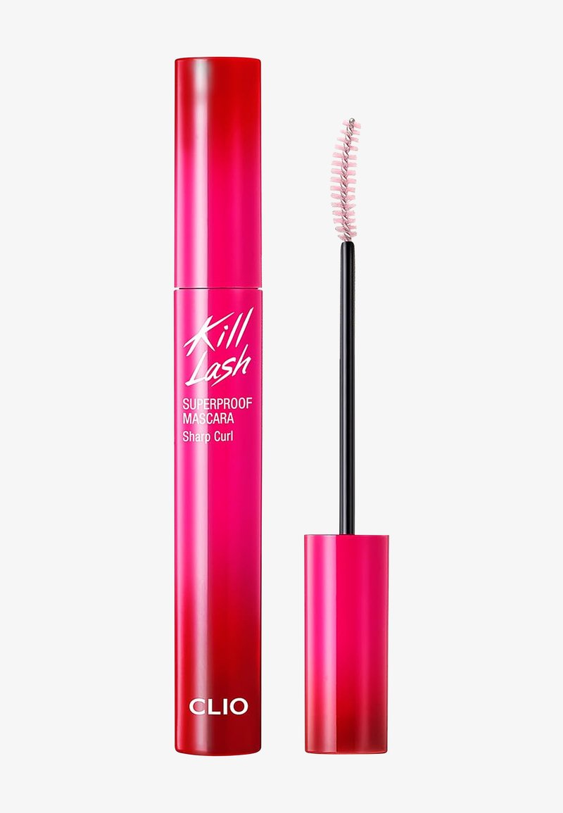 Tube rose vif de mascara Kill Lash superproof avec applicateur brosse incurvée à côté sur fond blanc.