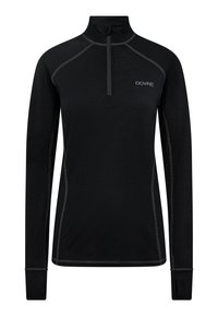 Musta pitkähiha pullover, jossa on neljännes-vetoketjukaulus, erottuvaommeltu ja logo rinnassa. Sujuva kankaan pinta.