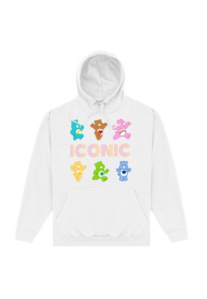 Hvid hættetrøje med farverige tegneserie-bjørne og ordet "IKONISK" i pink og orange. Hættedesign med en forlomme.